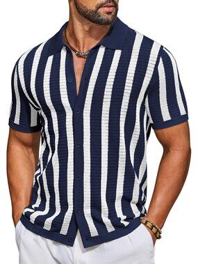 Men's Navy Blue & White Knit Striped Polo Short Sleeve Summer Beach Casual Shirt